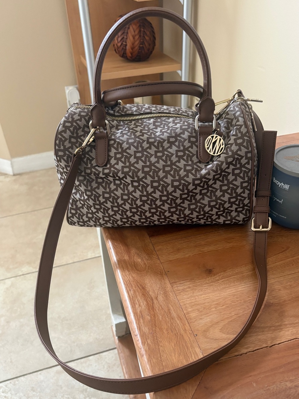 DKNY Brown Logo Satchel with Gold-Tone Charm